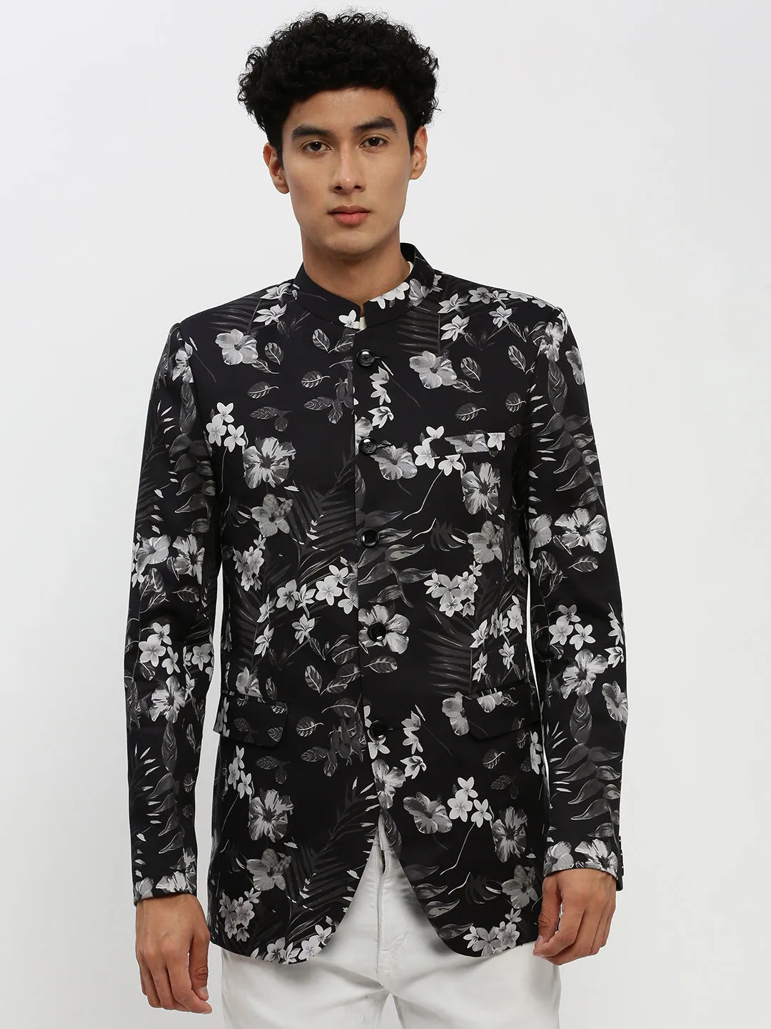 Flexible Knit Men's Black Floral Printed Bandhgala Slim Fit Blazer