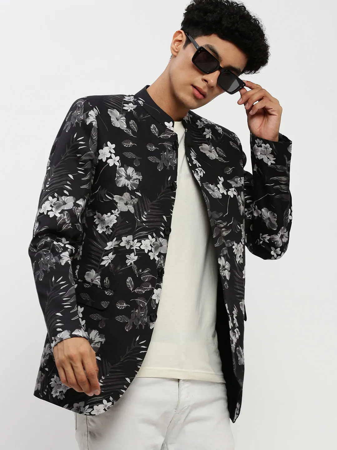 Cozy Texture Abrasion Resistant Shell Men's Black Floral Printed Bandhgala Slim Fit Blazer