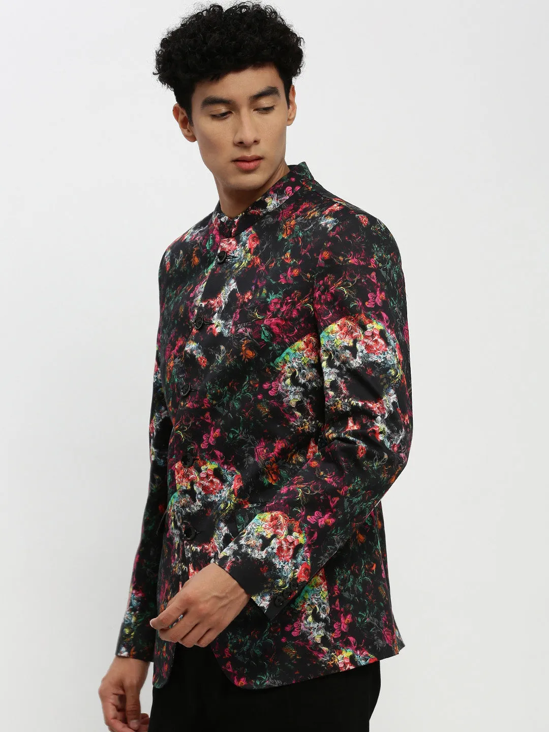 Layering Compatible Cut Body Mapped Ventilation Men's Black Printed Bandhgala Slim Fit Blazer