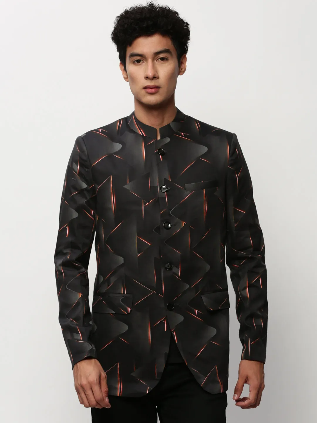 Compact Layer Street Comfort Men's Black Printed Mandarin Collar Bandhgala Blazer