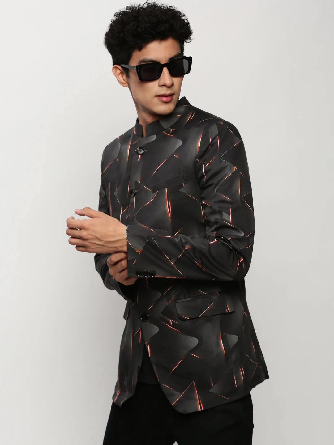 Men's Black Printed Mandarin Collar Bandhgala Blazer Microfiber texture