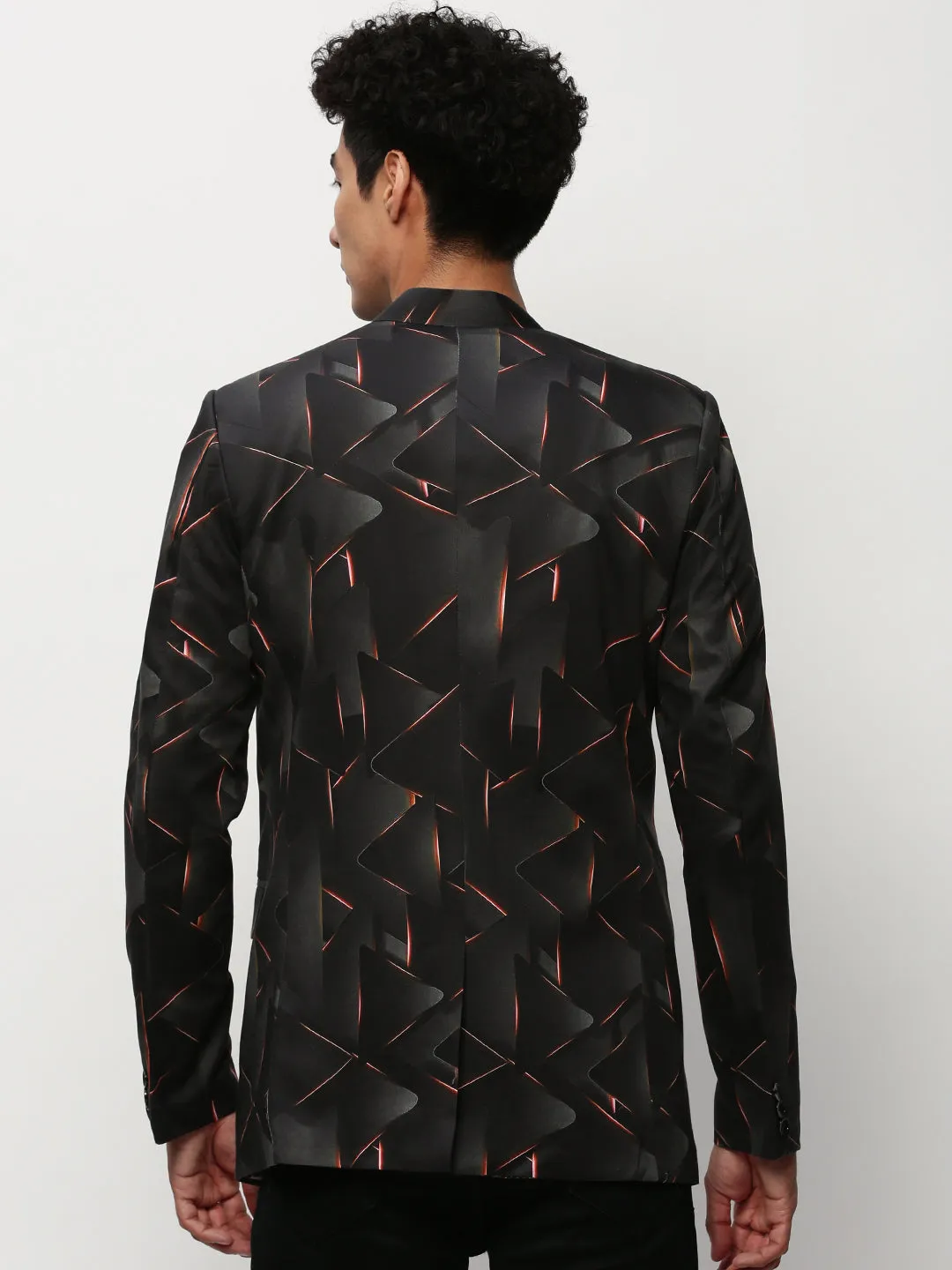 Crisp Layer SoftshellTexture Men's Black Printed Mandarin Collar Bandhgala Blazer