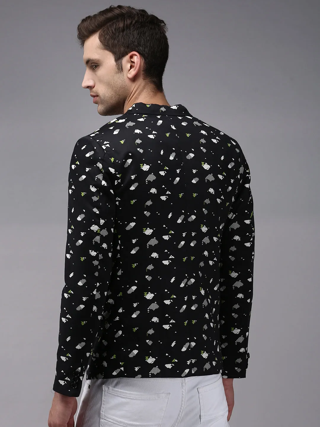 Men's Black Printed Single-Breasted Blazer Adjustable Drawstring Waist