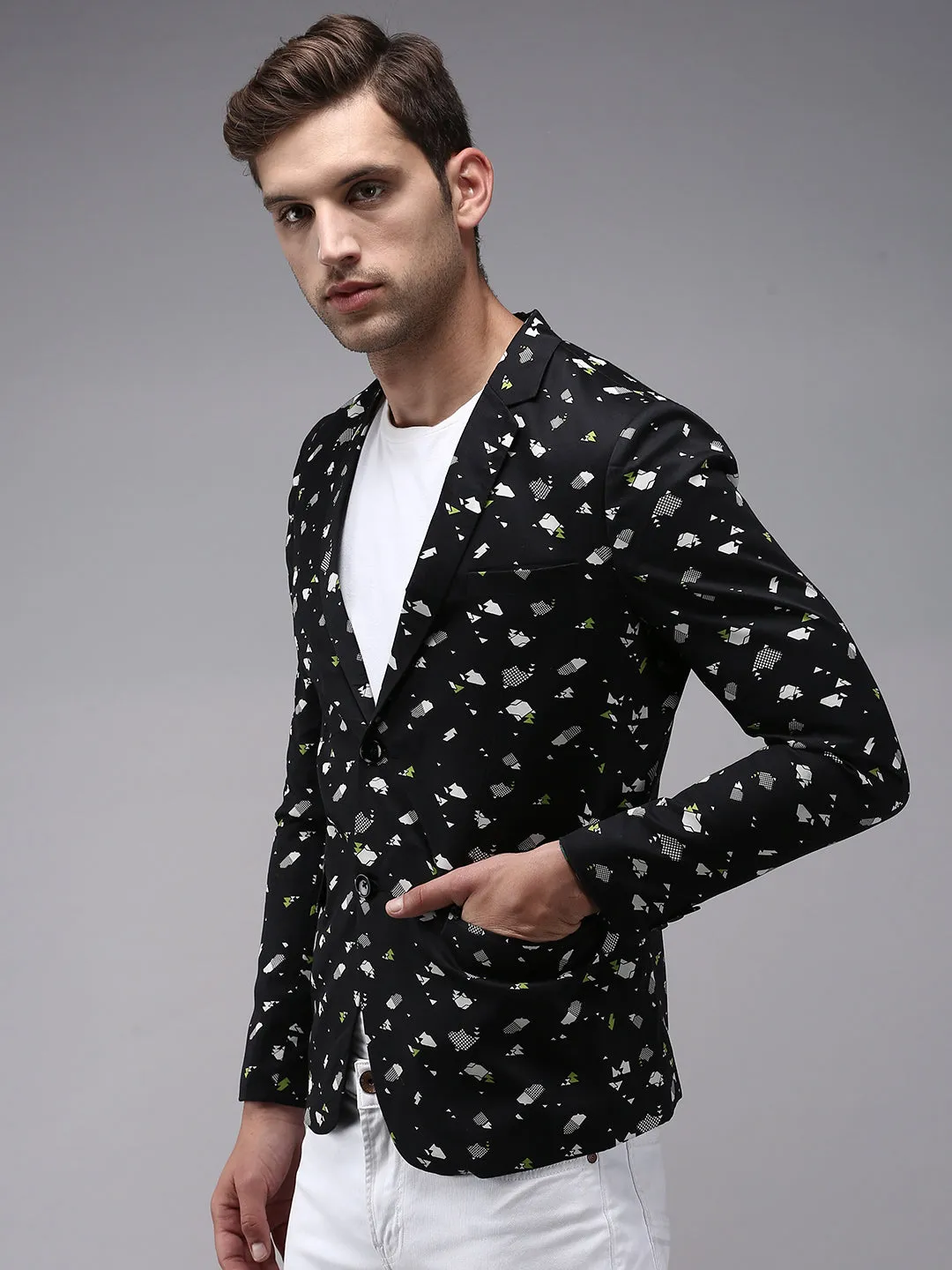 Men's Black Printed Single-Breasted Blazer TearResistantOuter Moisture Wicking Layer