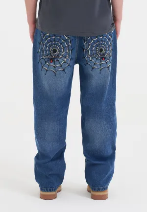 Mens Black Widow Relaxed Jeans - Mid Blue City Walk Bold Look Straight Cut