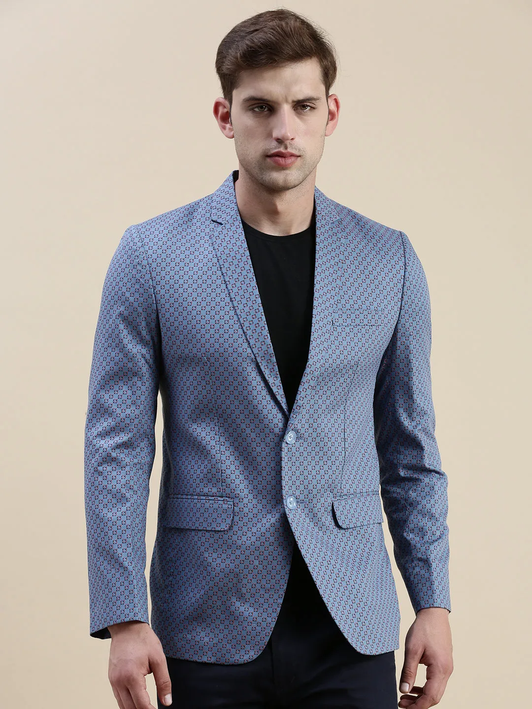 Windbreaker Style Men's Blue Printed Notched Lapel Blazers