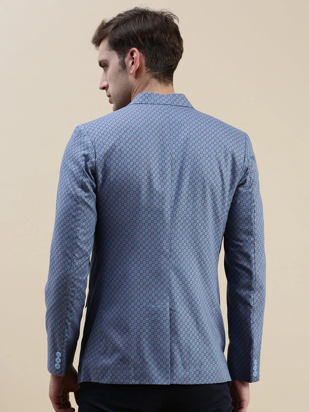 Soft Shell Men's Blue Printed Notched Lapel Blazers