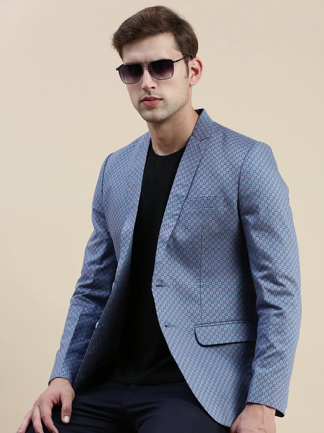 HeatRetentionTechnology Modern Drop Tail Hem Men's Blue Printed Notched Lapel Blazers