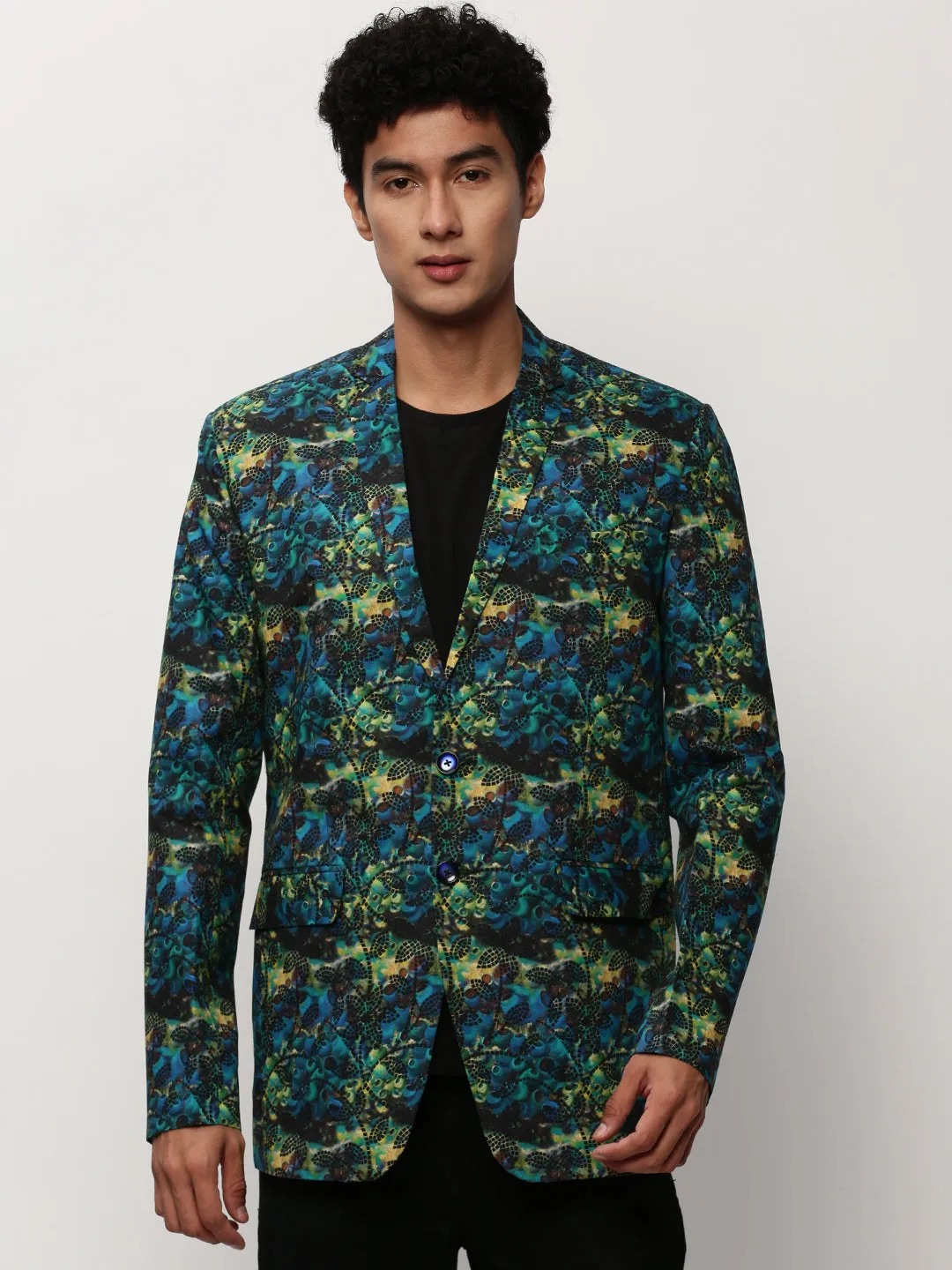 Bonded Hemline Men's Blue Printed Slim-Fit Cotton Single Breasted Blazer