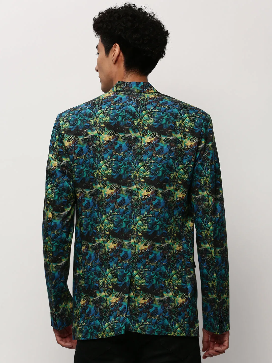 Men's Blue Printed Slim-Fit Cotton Single Breasted Blazer Modern Minimal