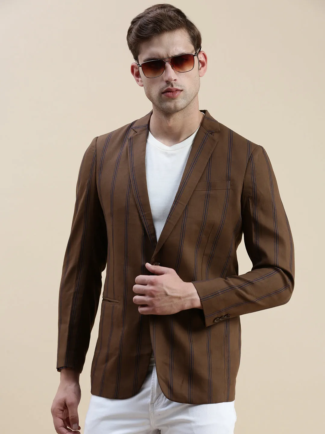 Men's Brown Notched Lapel Striped Single-Breasted Blazer Minimalist Style Casual Comfy Layer