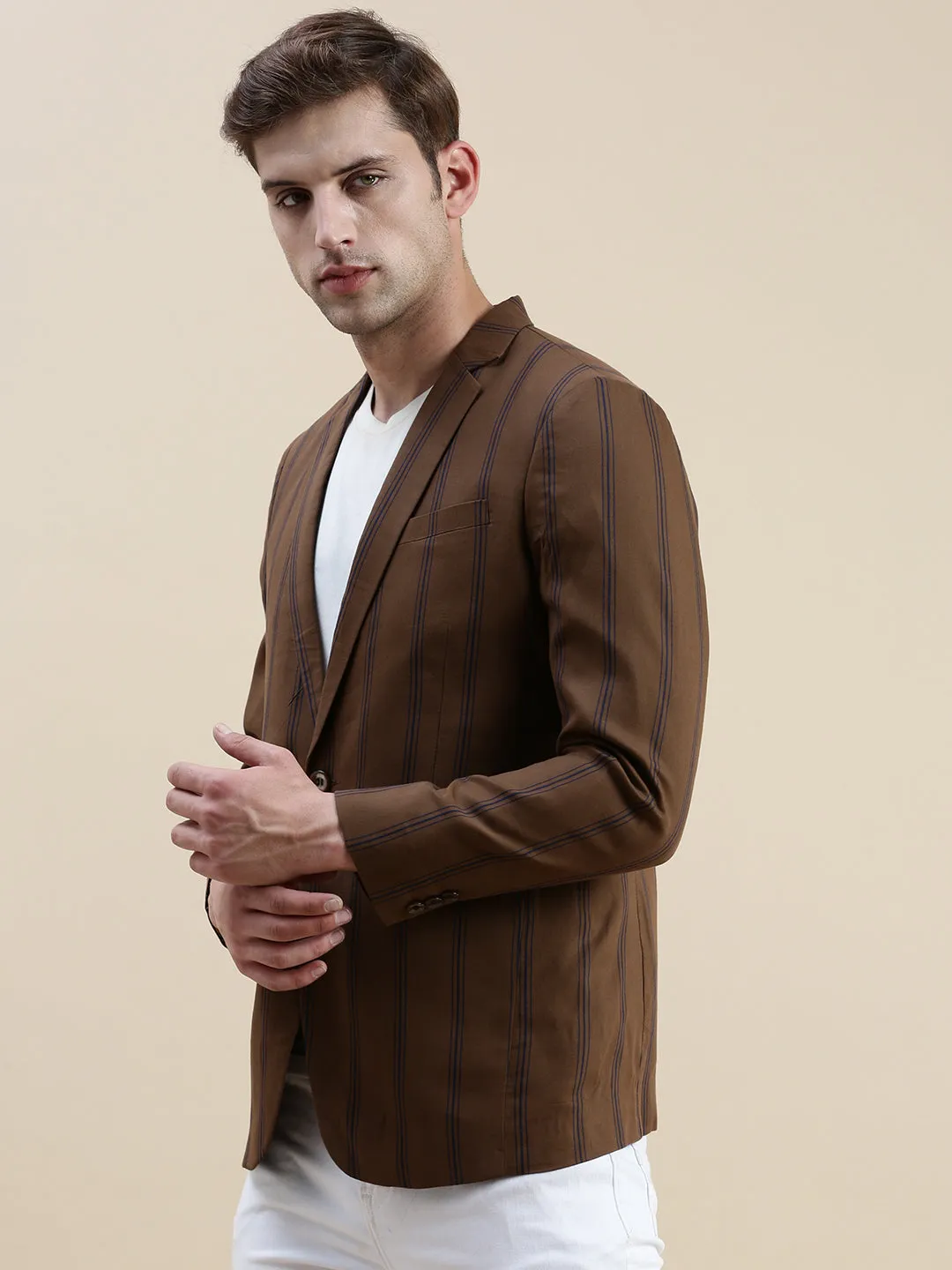 Men's Brown Notched Lapel Striped Single-Breasted Blazer Glow In The Dark Trim