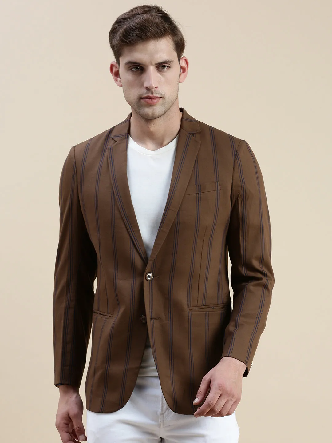 Men's Brown Notched Lapel Striped Single-Breasted Blazer Lightweight Waterproof Jacket High Collar
