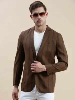 Men's Brown Notched Lapel Striped Single-Breasted Blazer Minimalist Style Casual Comfy Layer