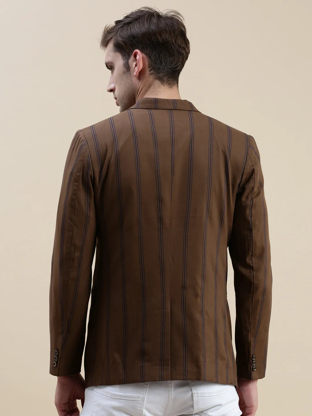 Men's Brown Notched Lapel Striped Single-Breasted Blazer VentilatedBackPanel