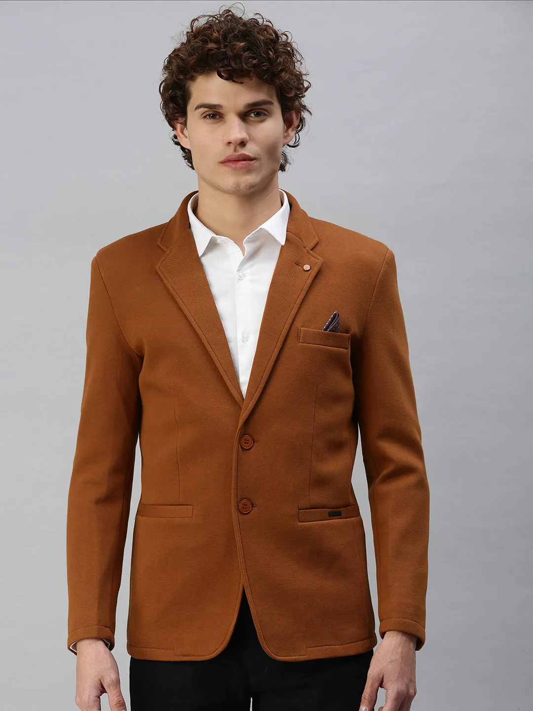 Fashion Use Men's Brown Solid Single-Breasted Slim-Fit Blazer