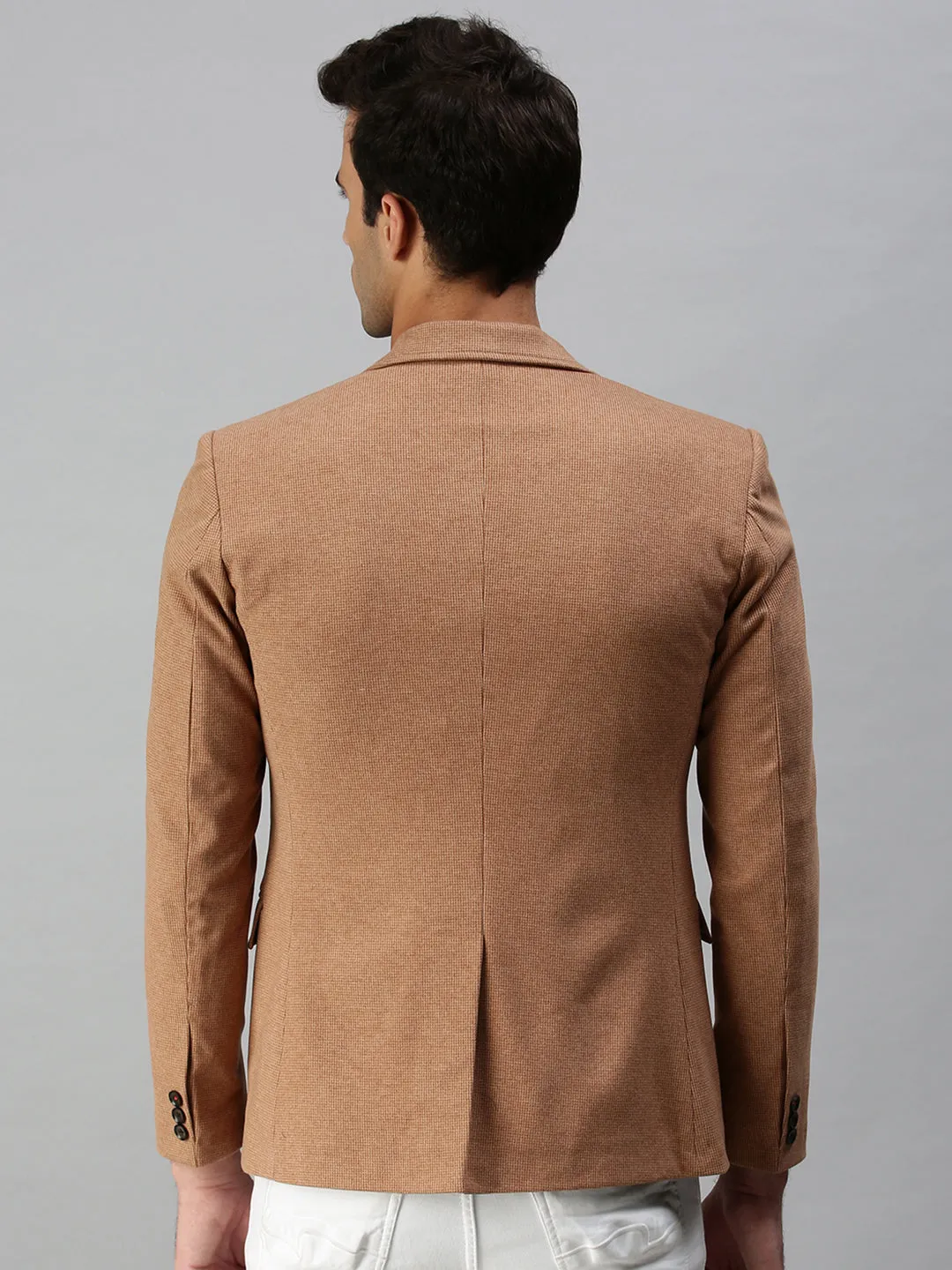 Men's Brown Solid Slim-Fit Single-Breasted Casual Blazer Taped Edges Matte Finish