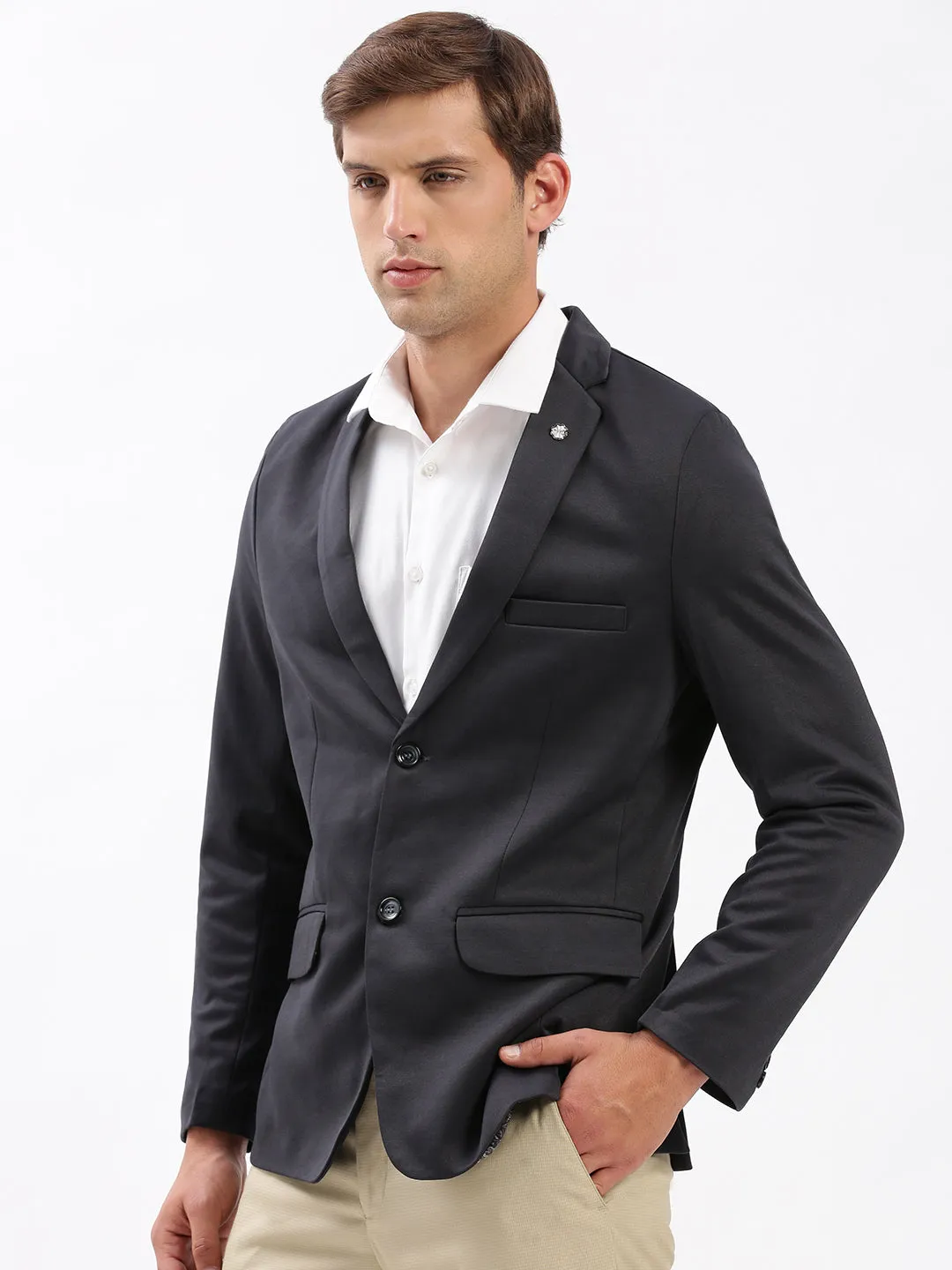 Stretch Comfort Seamless Shoulder Construction Men's Charcoal Slim Fit Notched Lapel Single-Breasted Casual Blazer