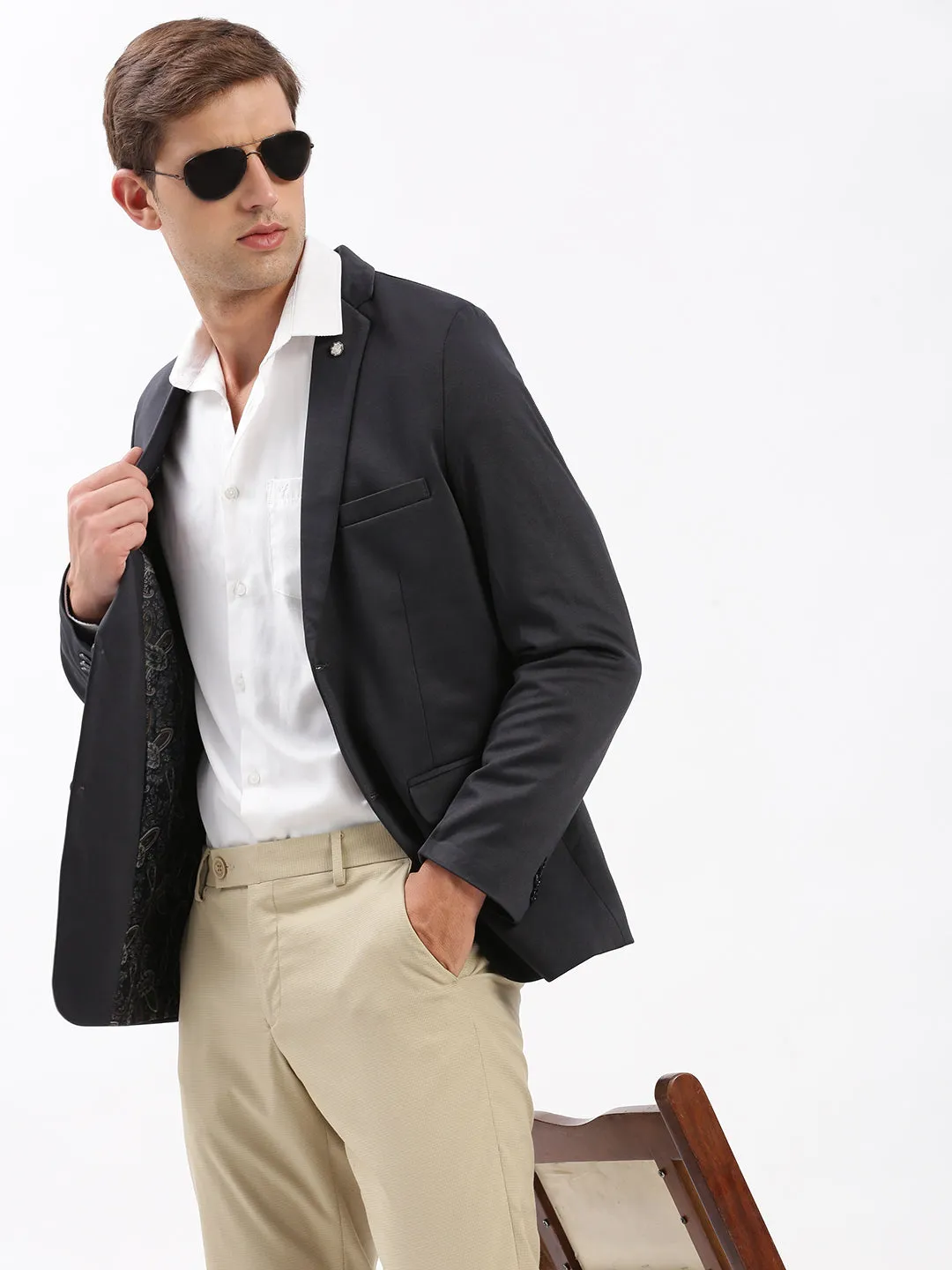 Adjustable Hood System Light Look Men's Charcoal Slim Fit Notched Lapel Single-Breasted Casual Blazer