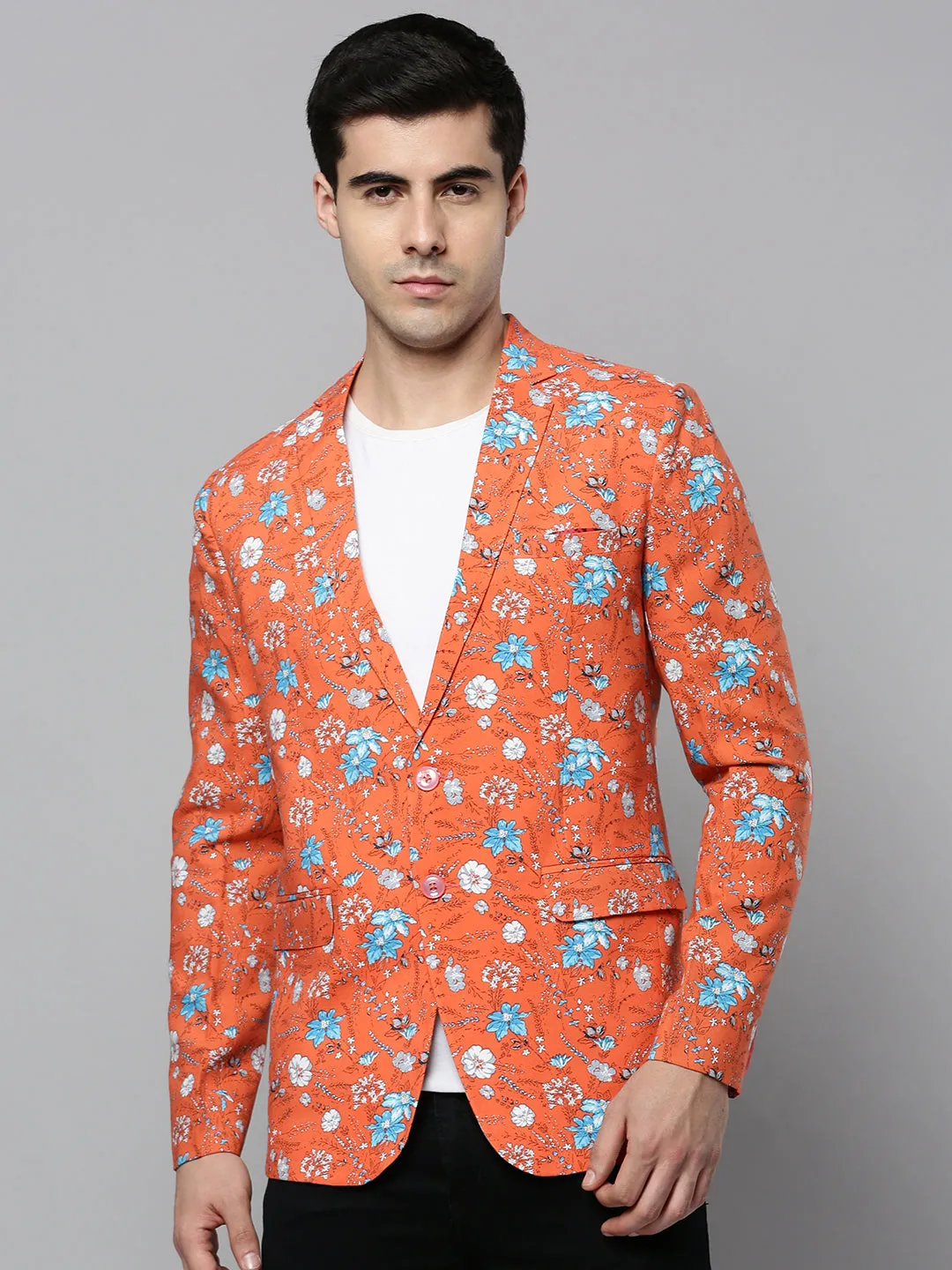 Secure Closure Systems Men's Coral Floral Printed Slim-Fit Single Breasted Blazer