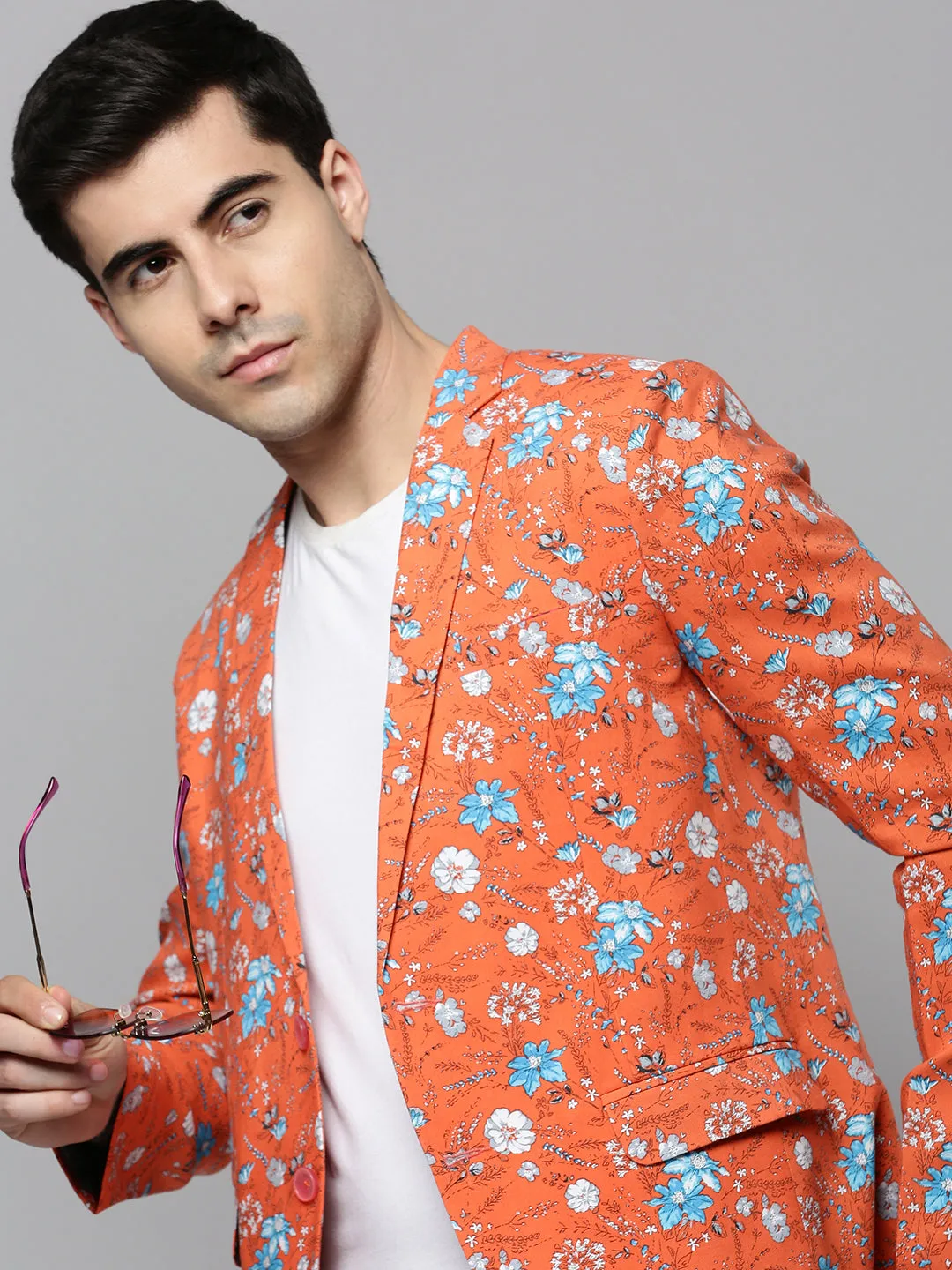 Men's Coral Floral Printed Slim-Fit Single Breasted Blazer Multi Directional Stretch ReinforcedElbows