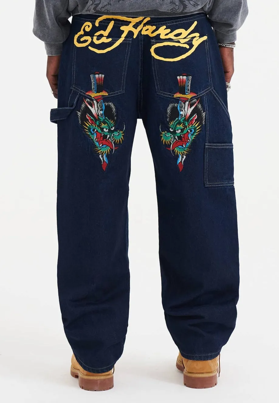 Responsible Denim Production No Fade Look Mens Double Knee Drag Dagger Denim Trousers Jeans - Indigo