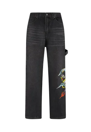 Mens Flying Dragon Carpenter Denim Trousers Jeans - Black Earthy Music Event