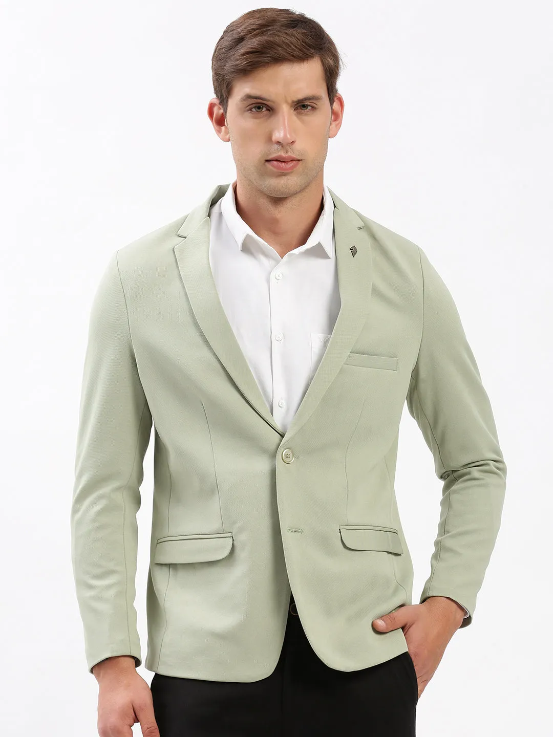 Pocket Details Men's Green Notched Lapel Collar Slim-Fit Single Breasted Casual Blazer