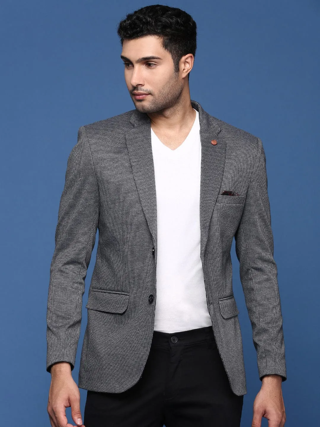 Men's Grey Checked Notched Lapel Slim Fit Single Breasted Blazer Simple Modern Piece