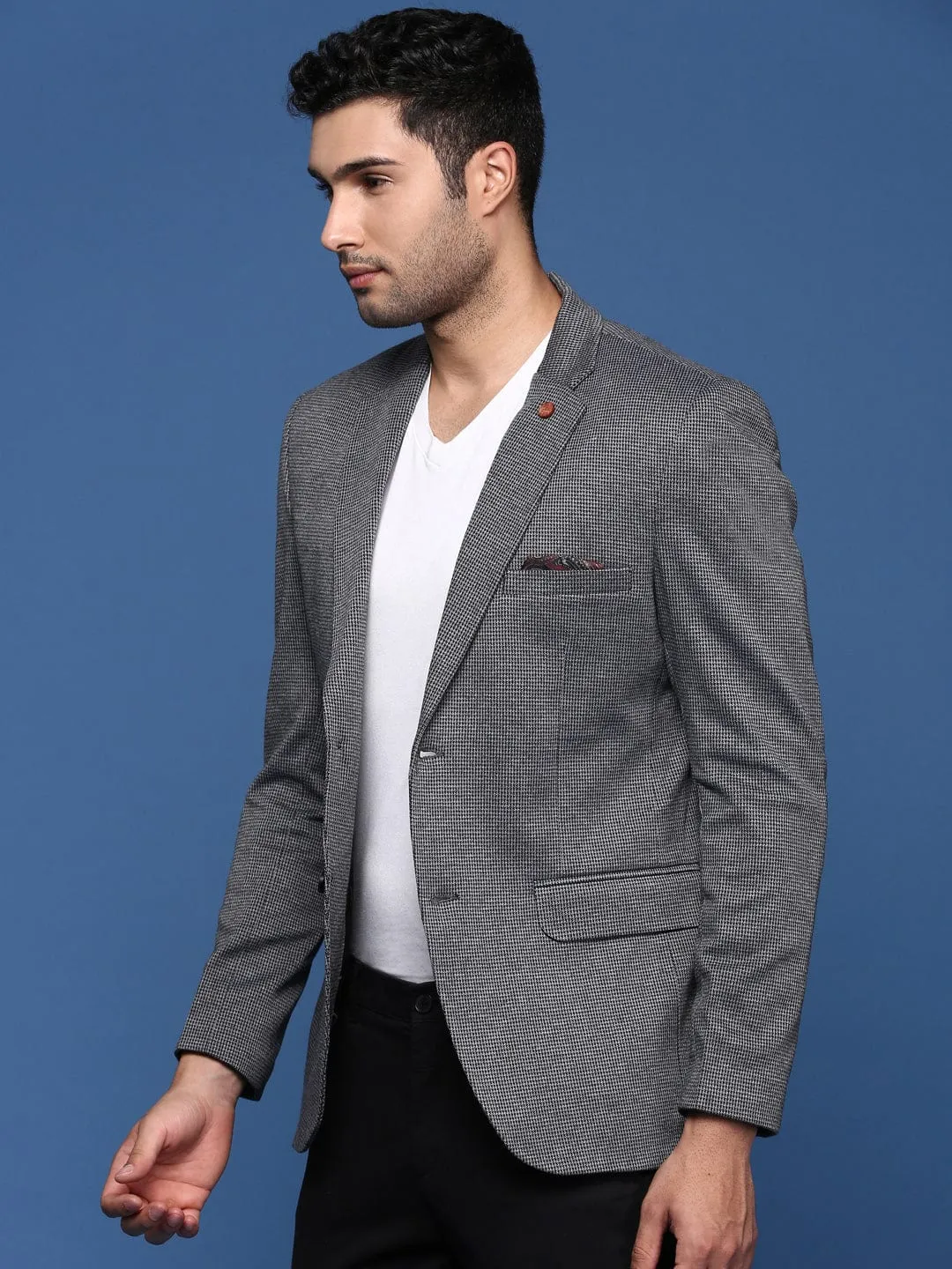 Men's Grey Checked Notched Lapel Slim Fit Single Breasted Blazer Waterproof Material
