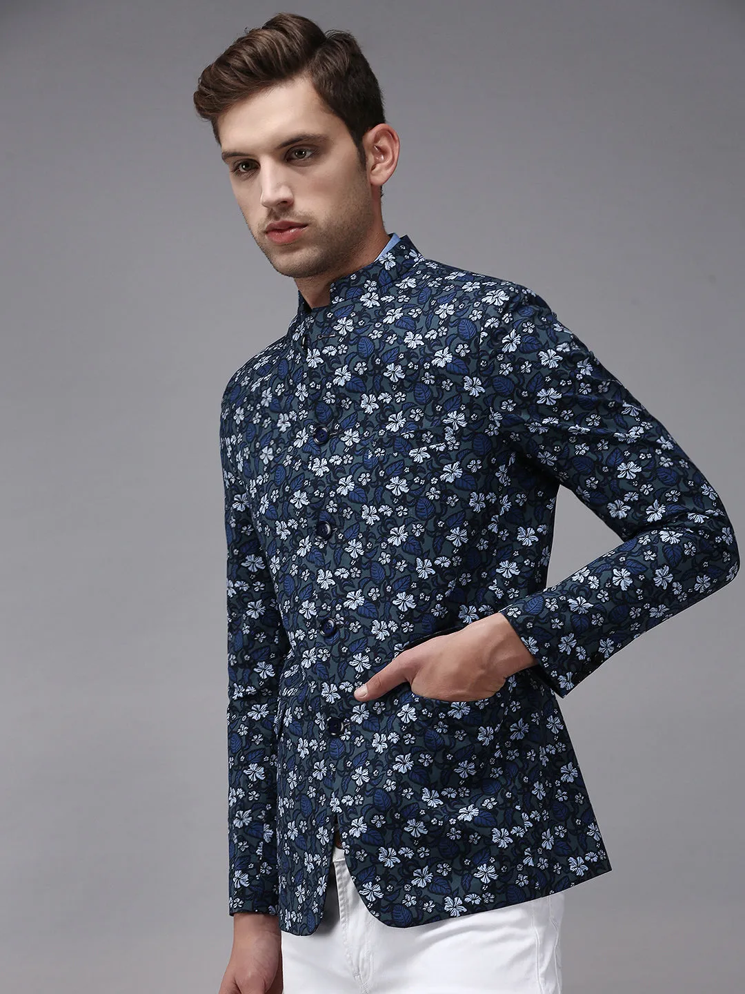 Men's Grey Printed Single- Breasted Blazers ReinforcedSeams Non Bulky Design