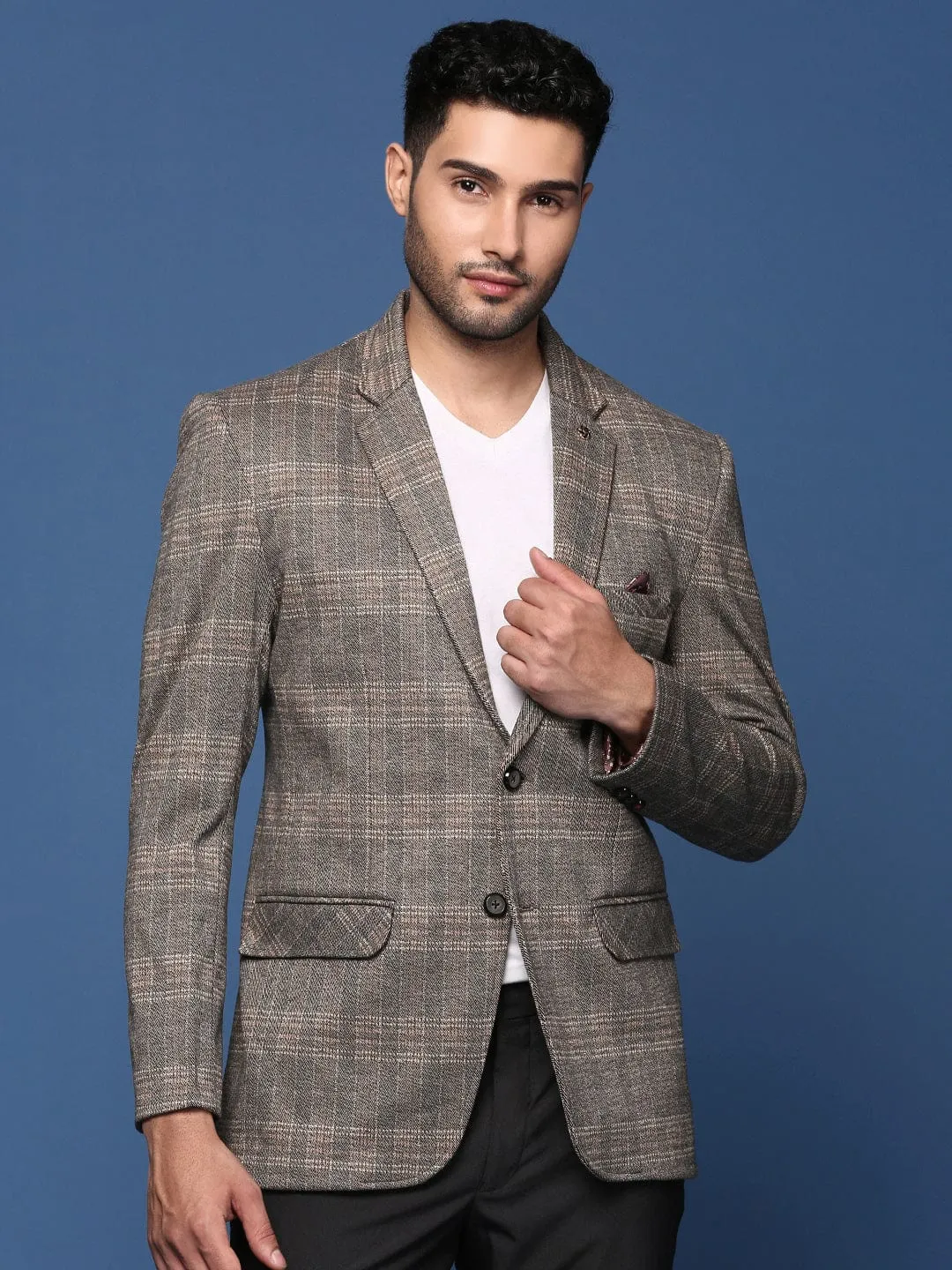 Men's Grey Slim Fit Checked Notched Lapel Single Breasted Blazer Multi Pocket