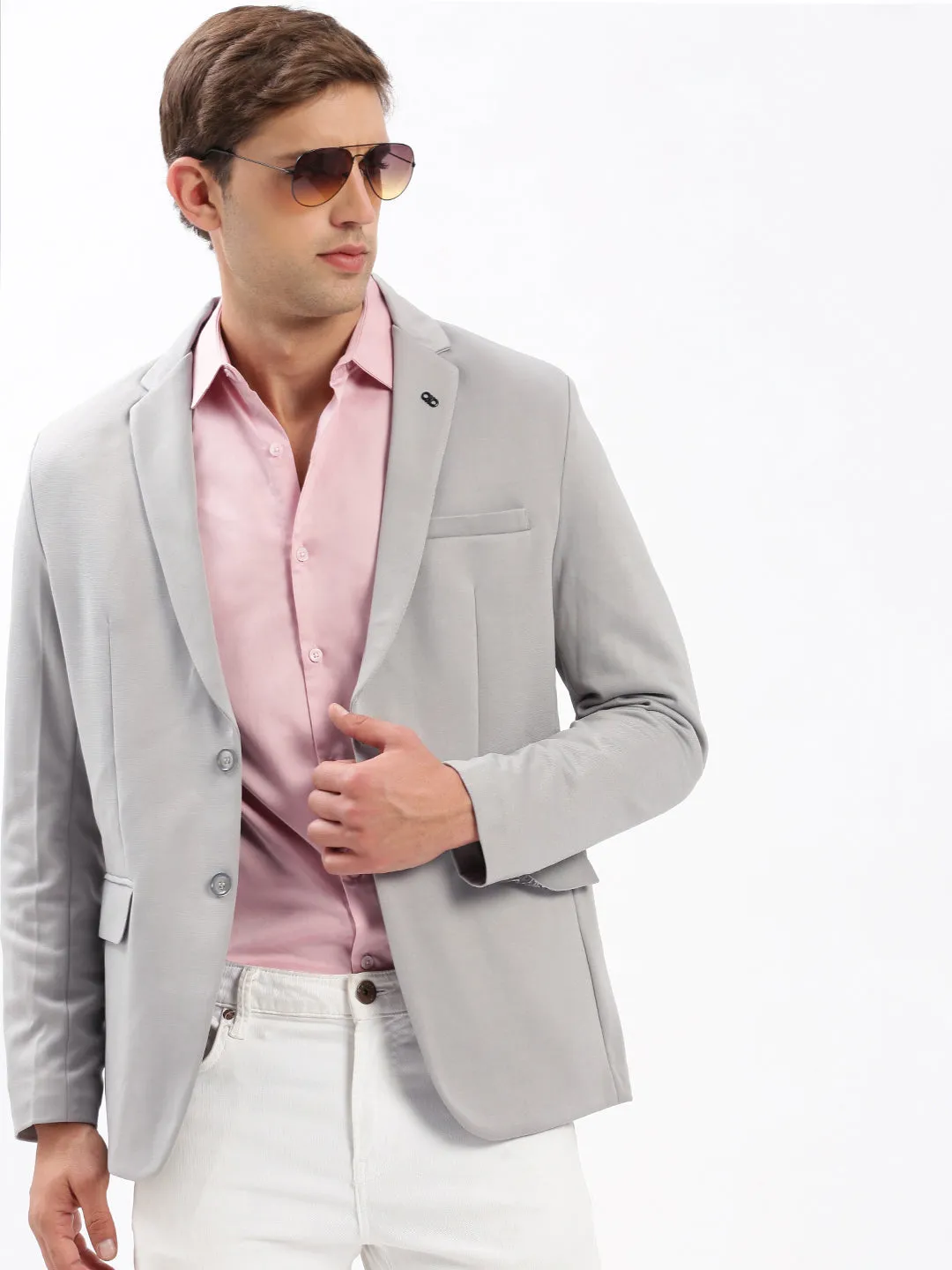 Men's Grey Slim-Fit Notched Lapel Collar Single-Breasted Blazer Layered Collar Design Extended Coverage