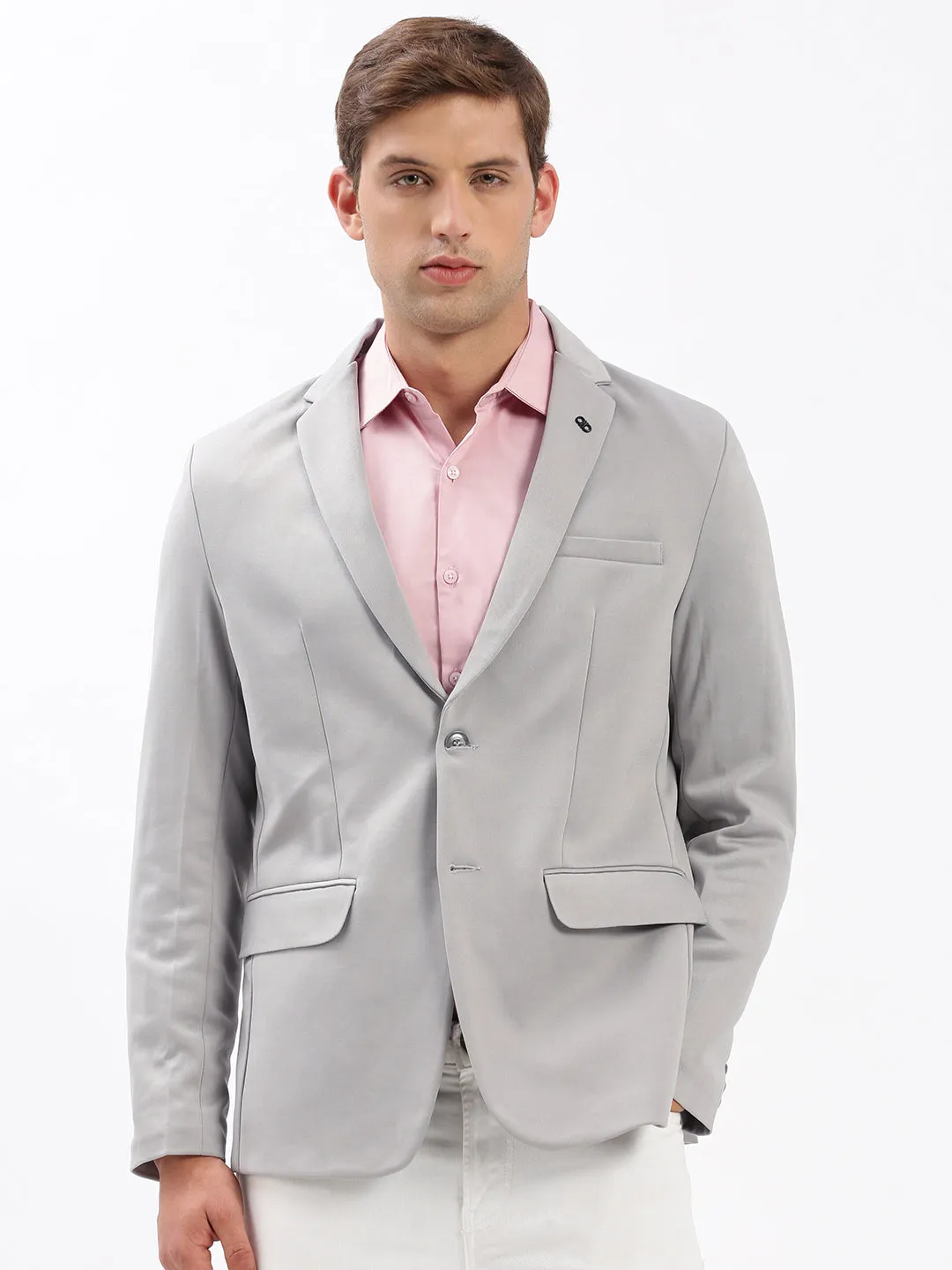 Sustainable Material Men's Grey Slim-Fit Notched Lapel Collar Single-Breasted Blazer