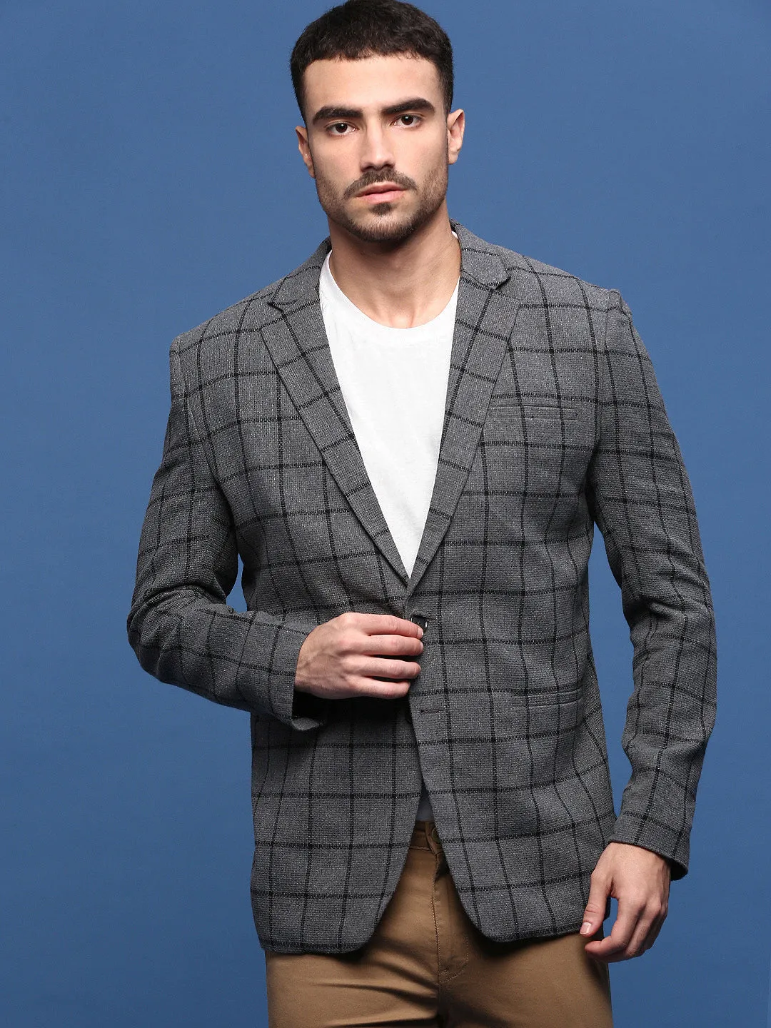 Men's Grey Slim Fit Notched Lapel Single Breasted Blazer Magnetic Closures Neutral palette