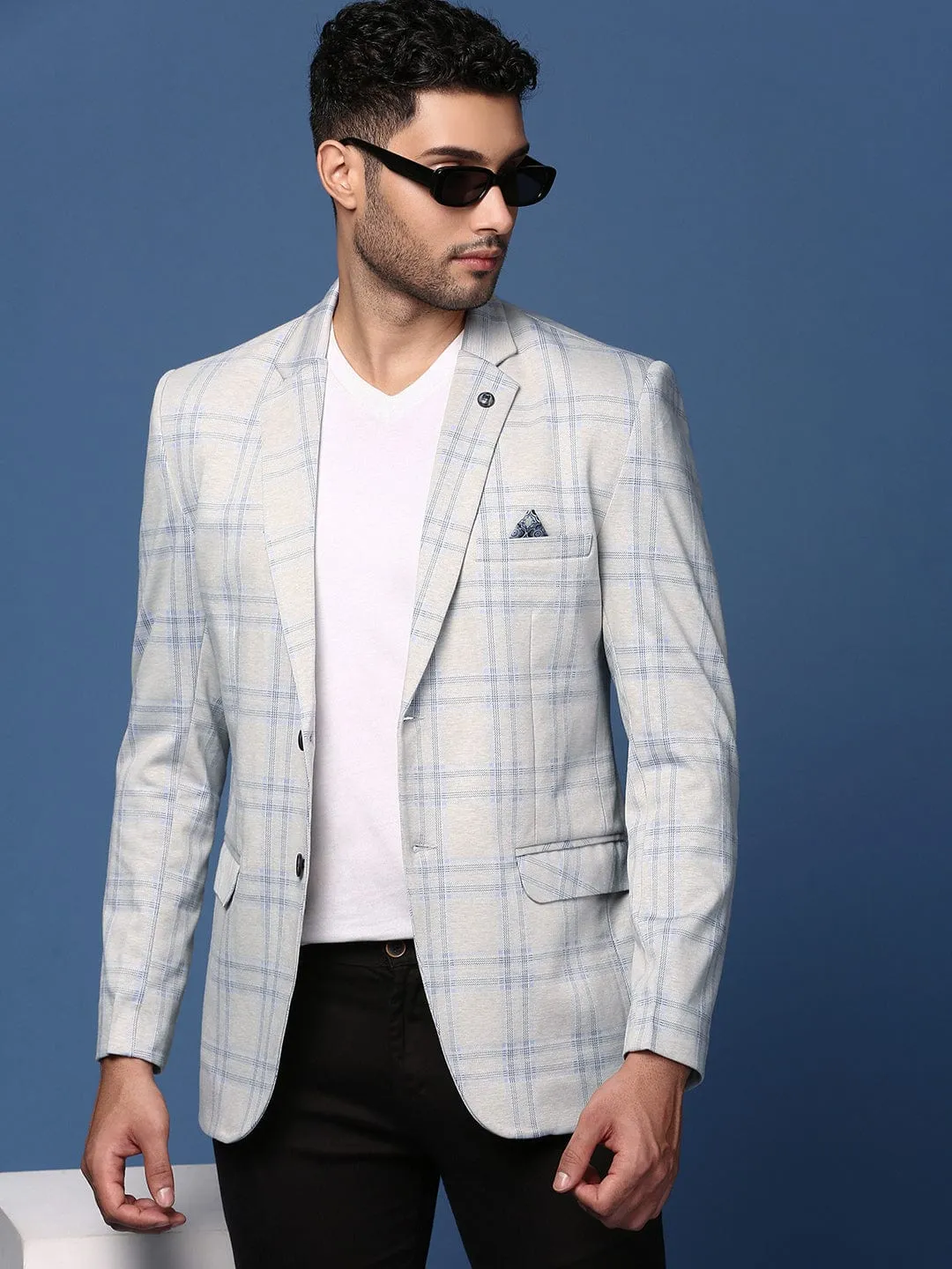 Men's Grey Slim Fit Self Designed Single Breasted Blazer Adjustable Hem Lock System