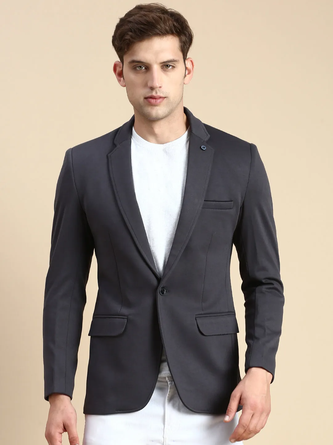 Men's Grey Slim-Fit Single Breasted Blazer Noise Reduced Fasteners