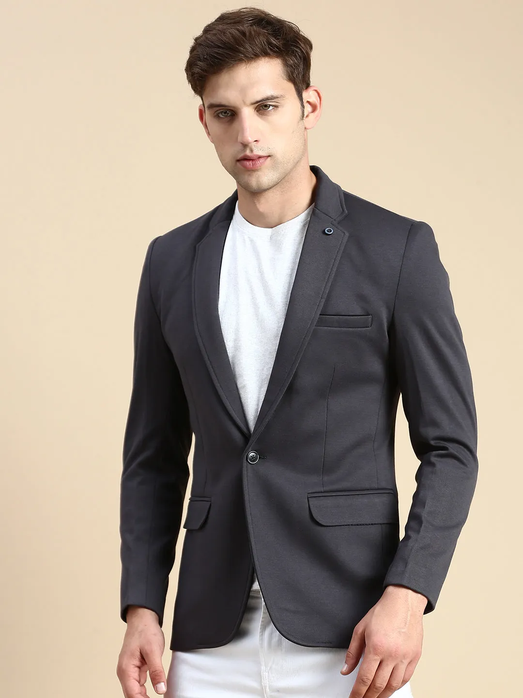AntiPilling Finish Articulated Ergonomic Fit Men's Grey Slim-Fit Single Breasted Blazer