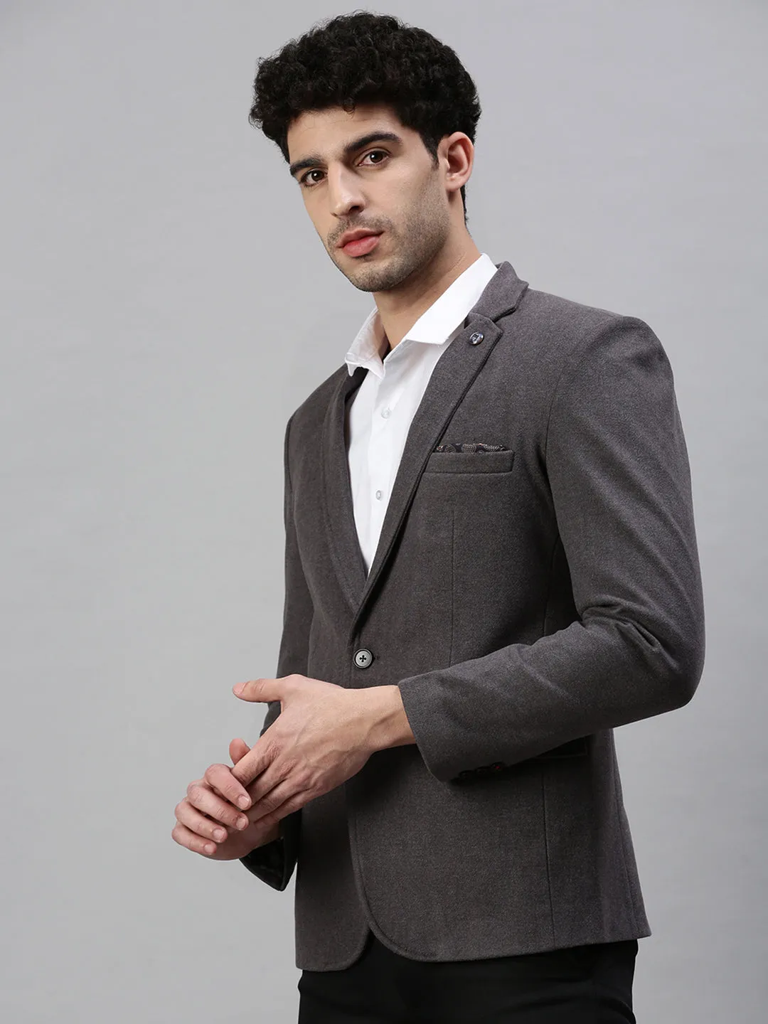 Breathable mesh lining Men's Grey Solid Slim-Fit Single-Breasted Blazer