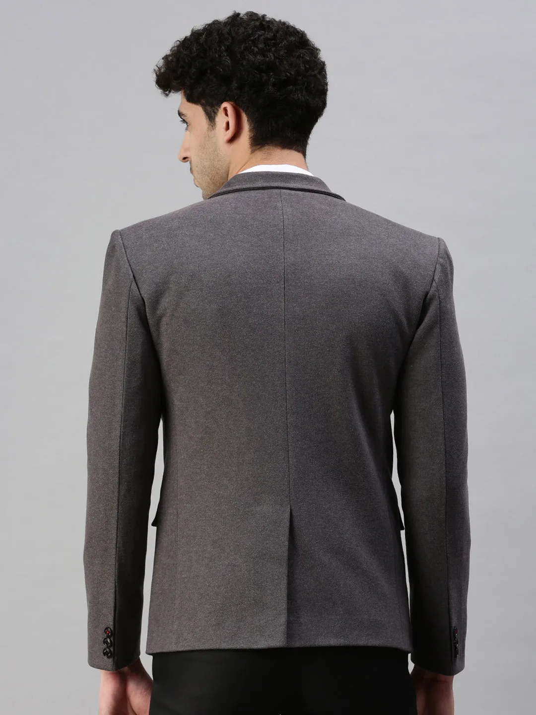 Men's Grey Solid Slim-Fit Single-Breasted Blazer Low Profile Collar No Static