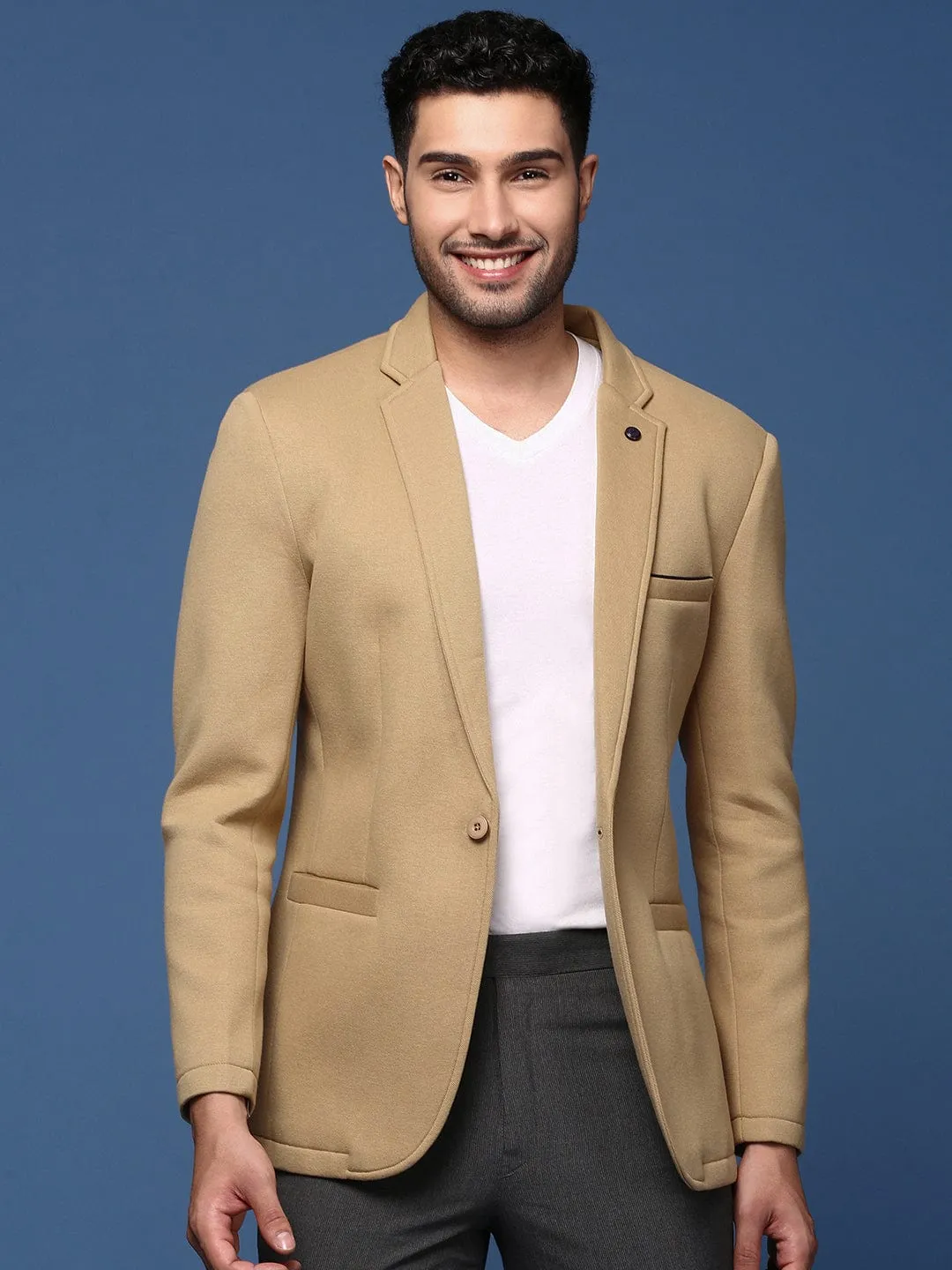 Men's Khaki Slim Fit Single Breasted Casual Blazer Reinforced Edging Seamless Technology