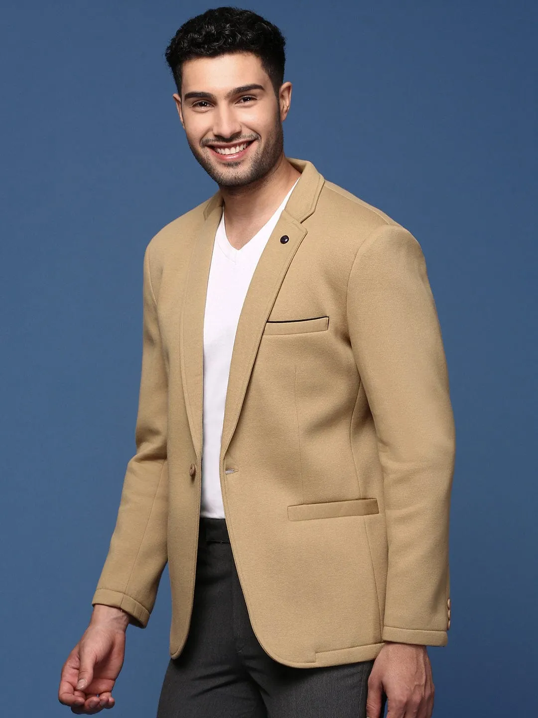 Men's Khaki Slim Fit Single Breasted Casual Blazer Stretch Comfort Design Moisture Management Fabric