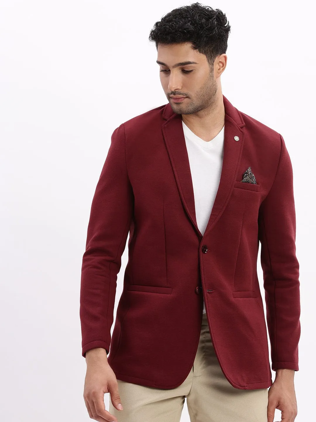 Men's Maroon Slim-Fit Single Breasted Notched Lapel Collar Cotton Casual Blazer elastic waistband