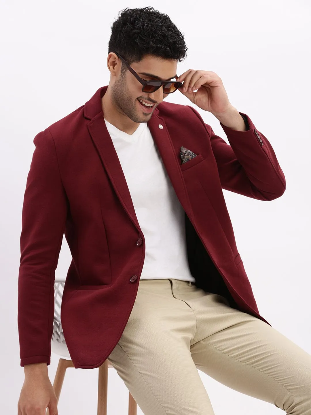 Men's Maroon Slim-Fit Single Breasted Notched Lapel Collar Cotton Casual Blazer TemperatureRegulating Fabric High Collar Style