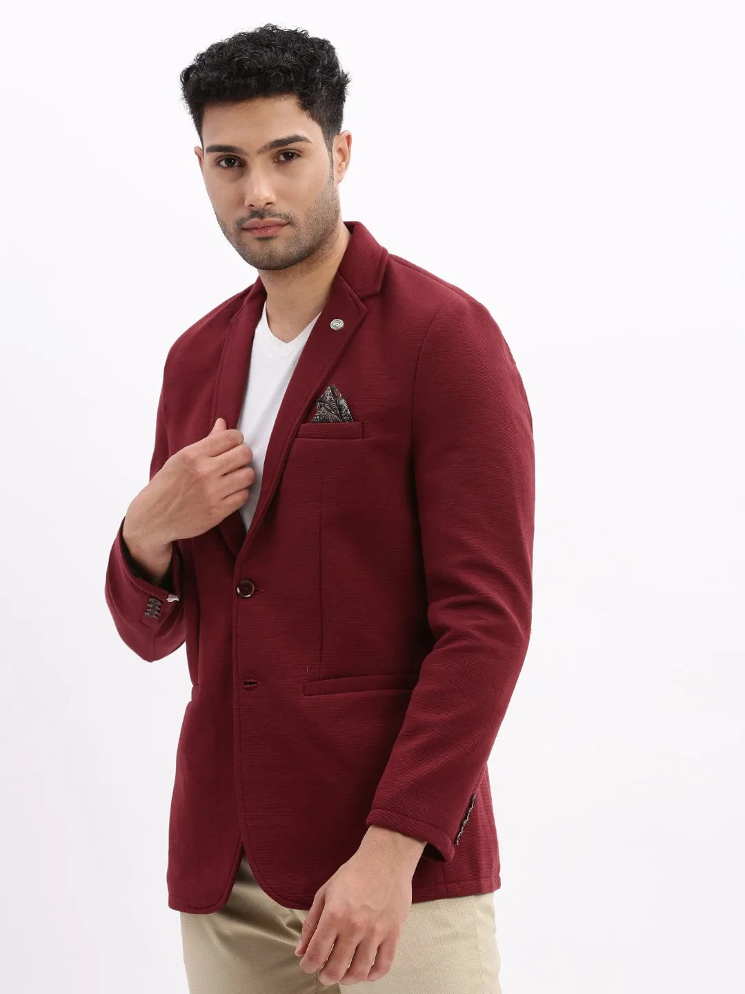 Lightweight Shell Easy Comfort Men's Maroon Slim-Fit Single Breasted Notched Lapel Collar Cotton Casual Blazer