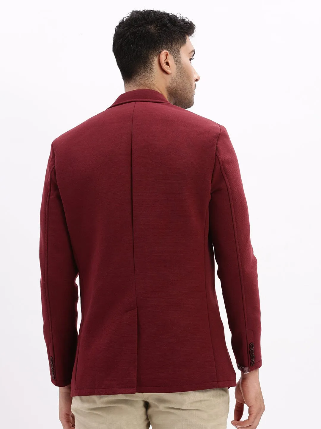 Men's Maroon Slim-Fit Single Breasted Notched Lapel Collar Cotton Casual Blazer snap closure