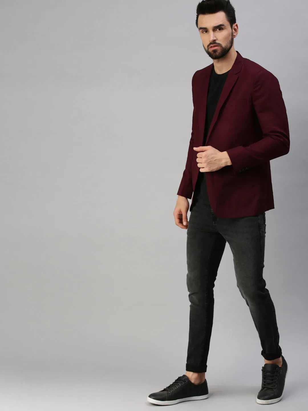 Collapsible Packable Design Thermoplastic Elastomer Trim Men's Maroon Solid Single Breasted Party Blazers