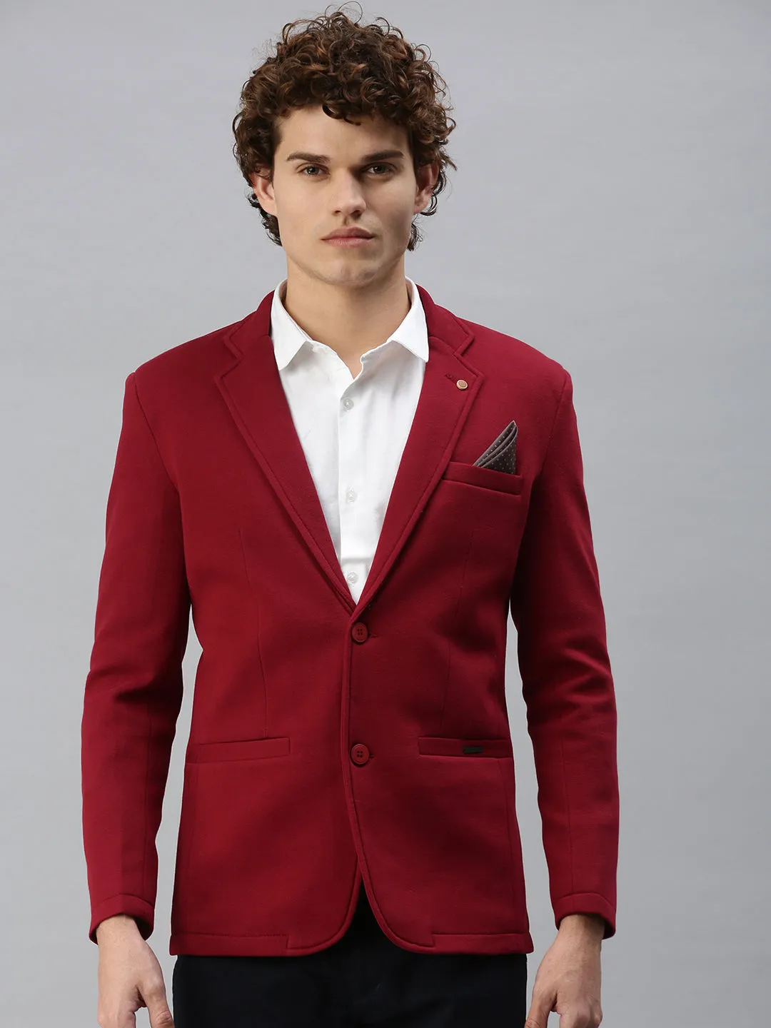 Wool blend Men's Maroon Solid Single-Breasted Slim-Fit Blazer