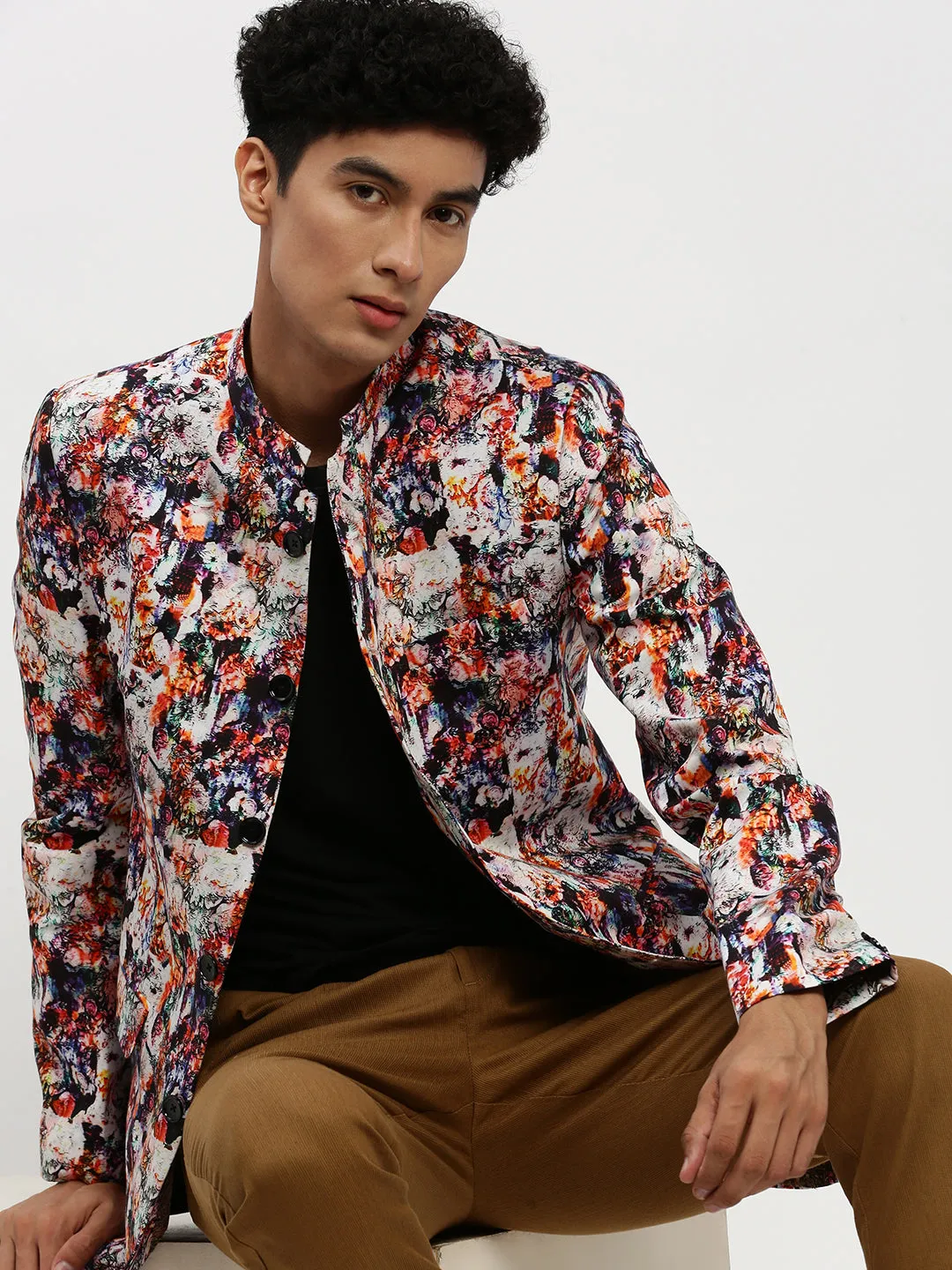 Men's Multi Printed Bandhgala Slim Fit Blazer Layer Piece