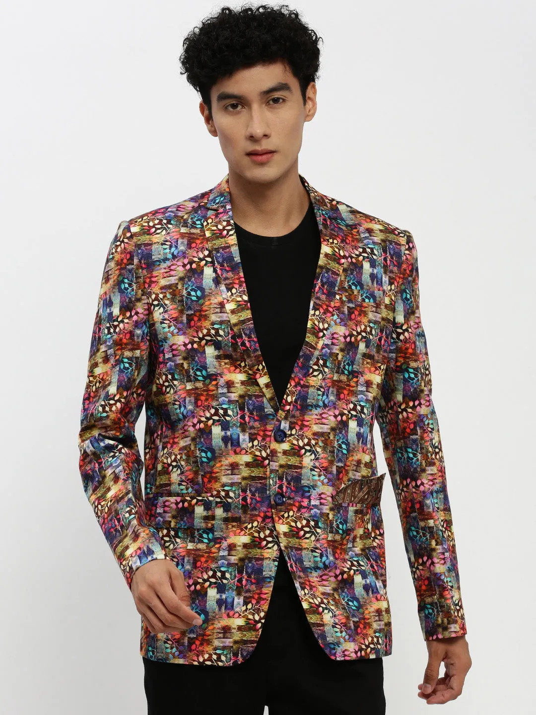Ventilation Vents Minimal Travel Look Men's Multi Printed Notched Lapel Single Breasted Blazer